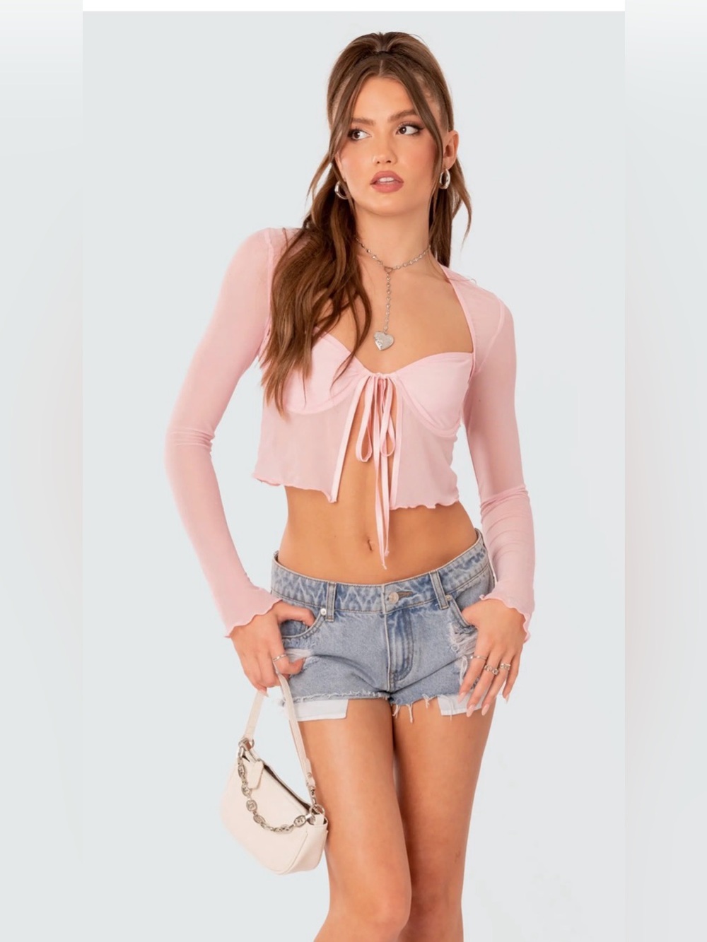 Edikted Light Pink Sheer Long Sleeve Tie-Front Crop Top